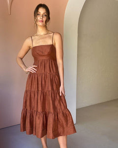 elsa linen tiered midi dress ELSA LINEN TIERED MIDI DRESS-GINGERBREAD
